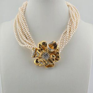 Nolan Miller Srands of Faux Pearls w/ Gold Plated and Rhinestone Flower NWB